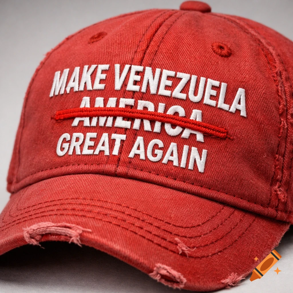 A distressed red baseball cap with white embroidered text 'MAKE VENEZUELA' over a red strike-through 'AMERICA' and 'GREAT AGAIN'.
