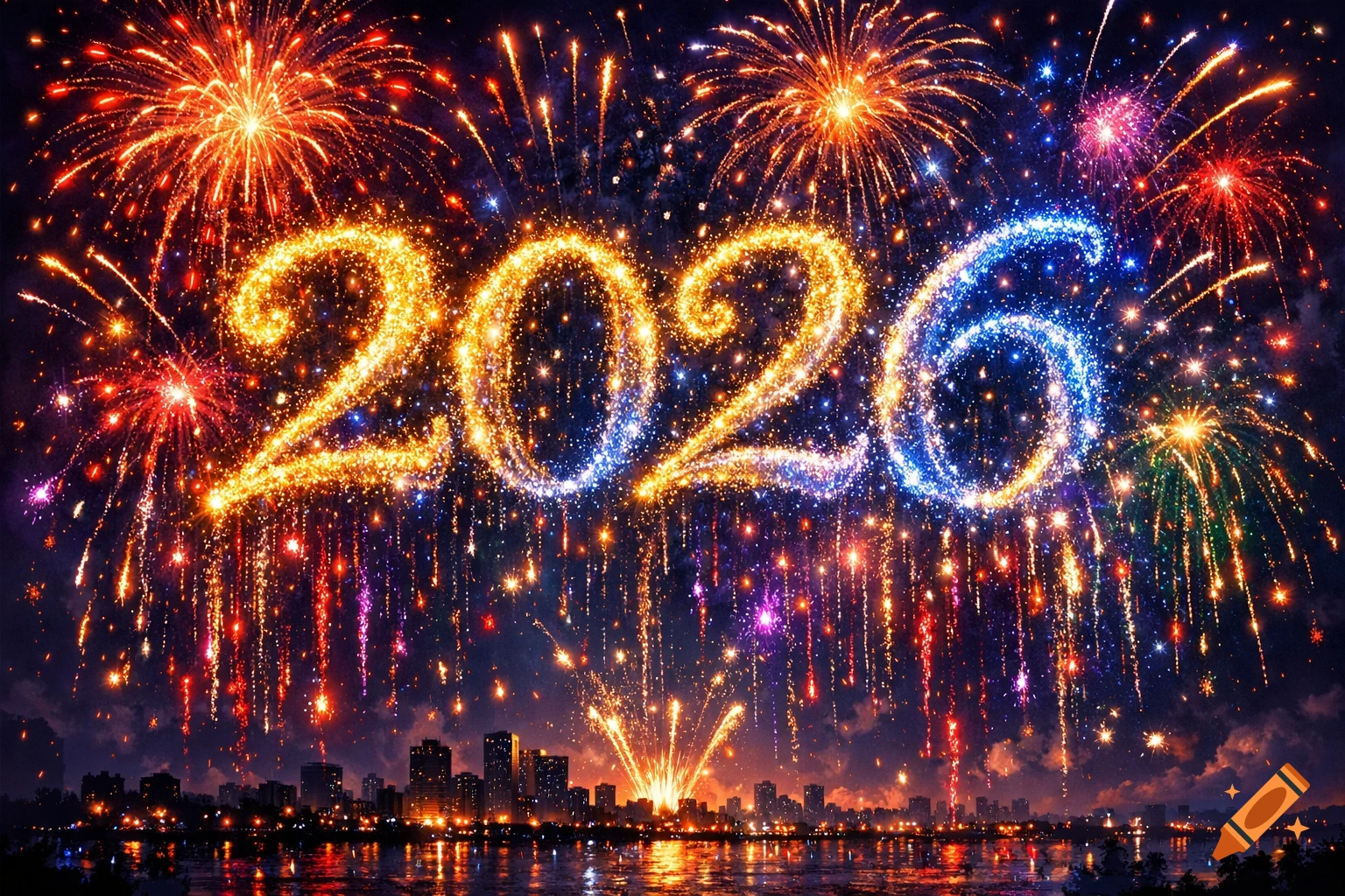 Colorful fireworks spell out '2026' above a city skyline reflecting on water at night.