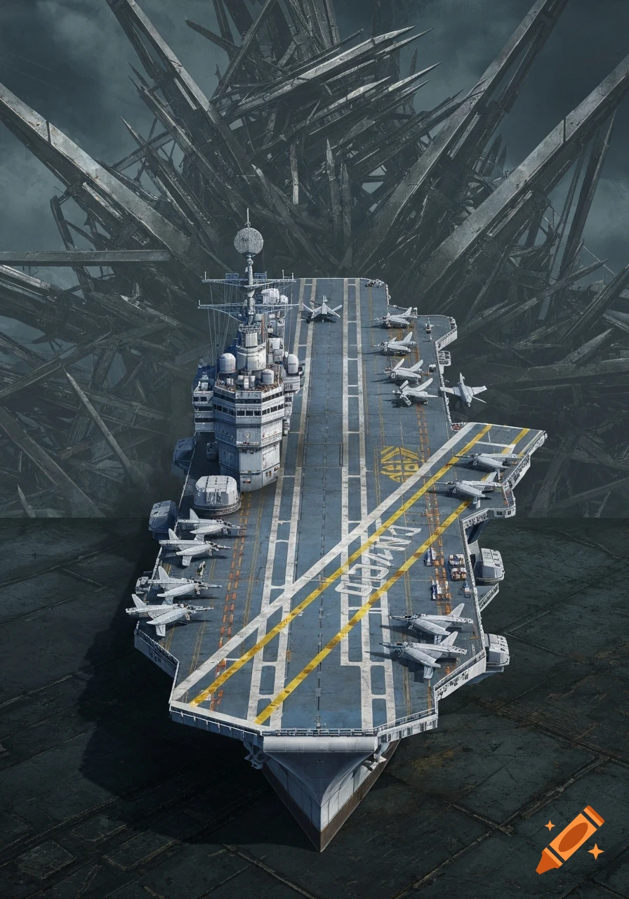 Detailed aerial view of an aircraft carrier with fighter jets on its deck, against a backdrop of dark, twisted metal structures.