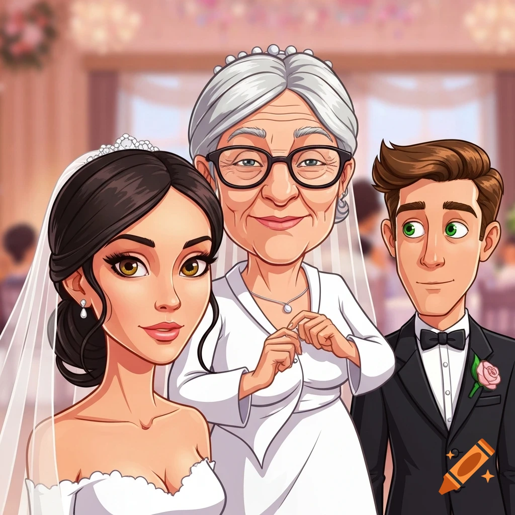 A cartoon bride, groom, and an older woman in a wedding setting.