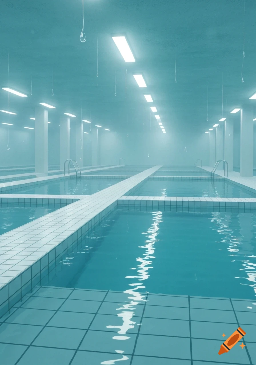 A vast, misty indoor complex with multiple turquoise swimming pools and white tiled walkways, illuminated by glowing fluorescent lights, in a surreal cyan aesthetic.