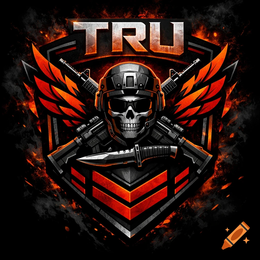 A military emblem featuring a skull in a helmet with crossed rifles, a knife, fiery orange wings, and the letters TRU on a black and orange shield.