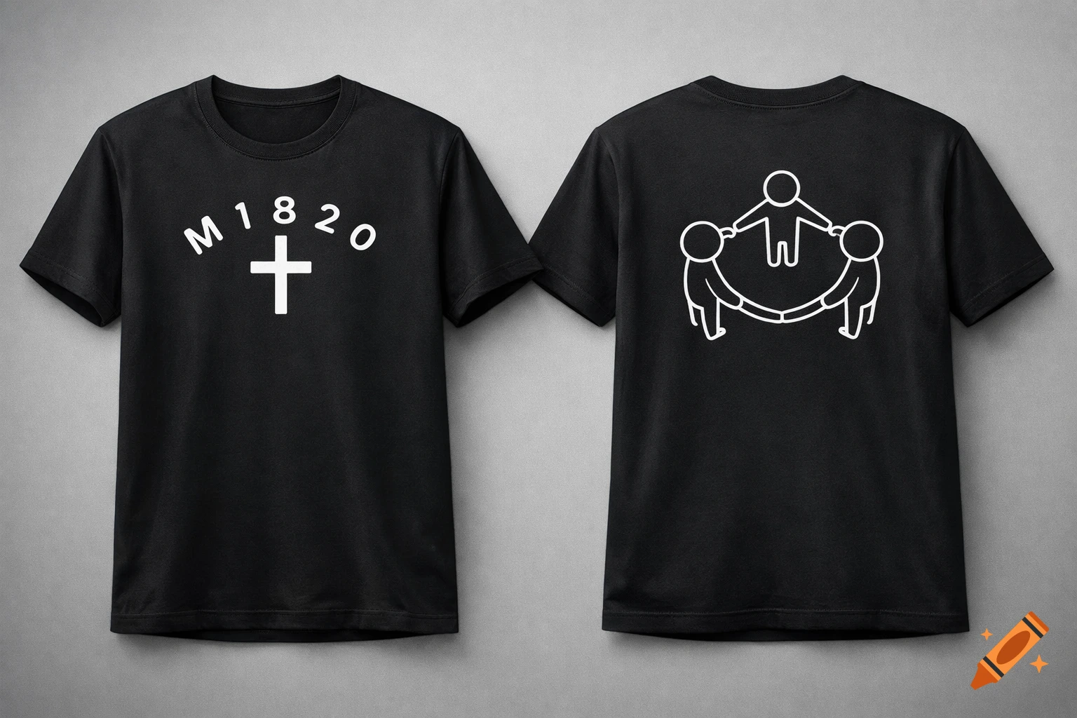 Front and back view of a black t-shirt with 'M1820' and a cross on the front, and three stick figures holding hands on the back.