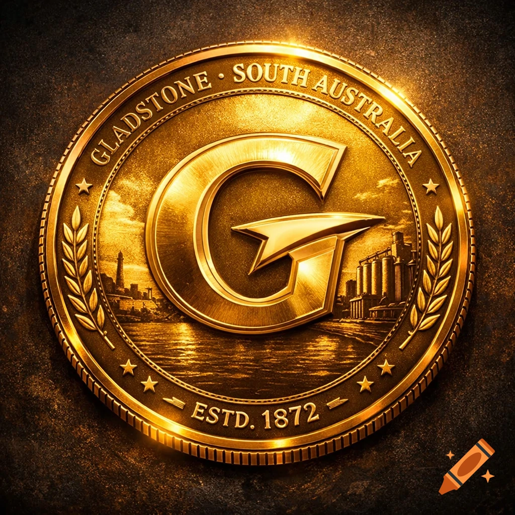 A gleaming golden coin featuring a large stylized 'G', text for 'Gladstone South Australia' and 'ESTD. 1872', with a detailed cityscape.