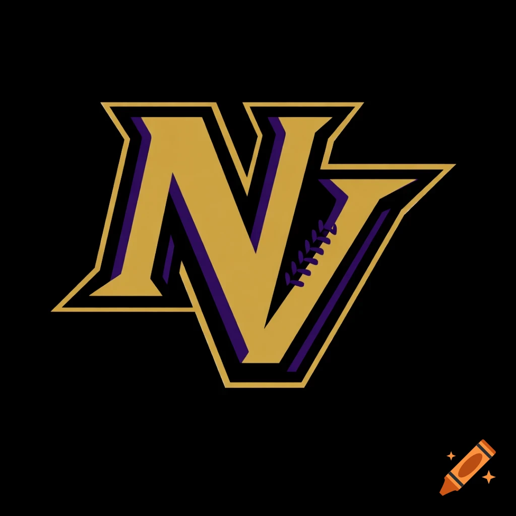A bold, professional sports logo featuring interlocking gold and purple letters 'NV' with subtle baseball stitching on a black background.
