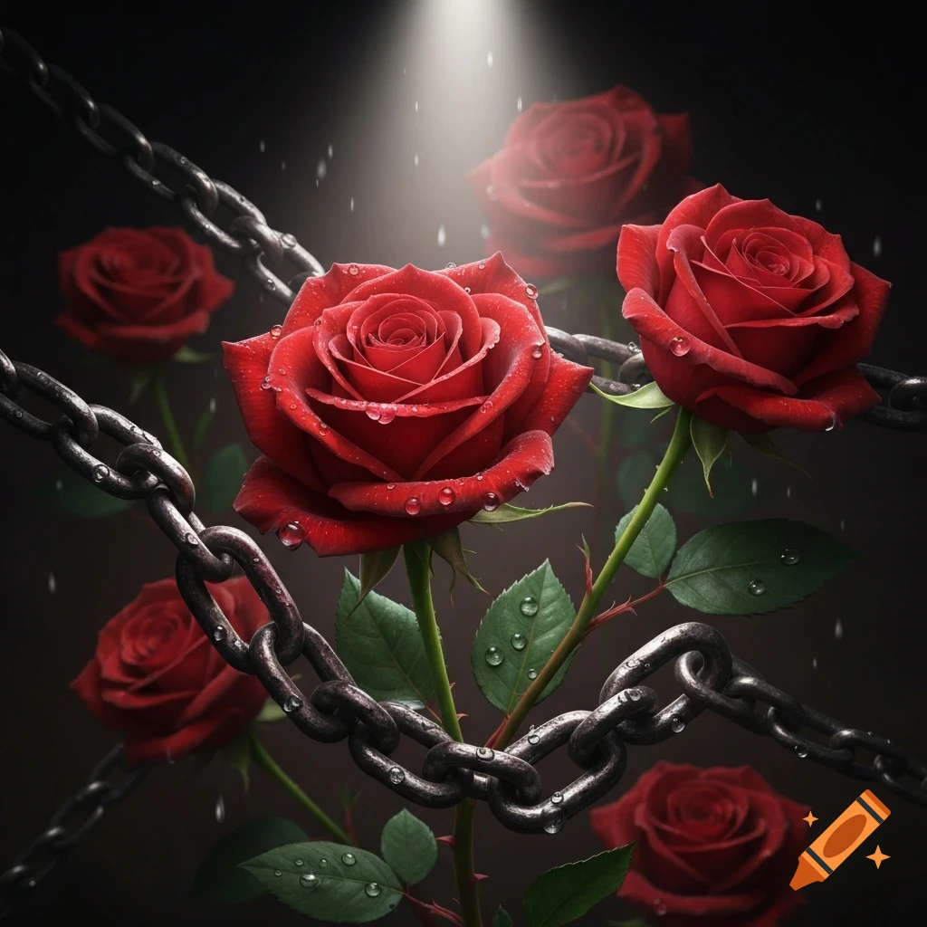 Close-up of vibrant red roses with glistening water droplets intertwined with heavy metal chains under a spotlight, against a dark background.