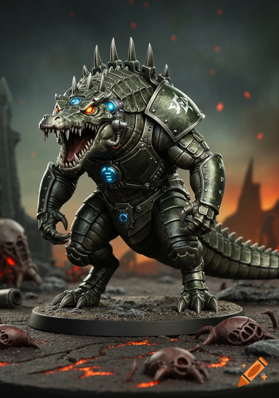 A detailed sci-fi wargaming miniature of an armored crocodile-like creature with glowing eyes and tech accents, on a volcanic base.