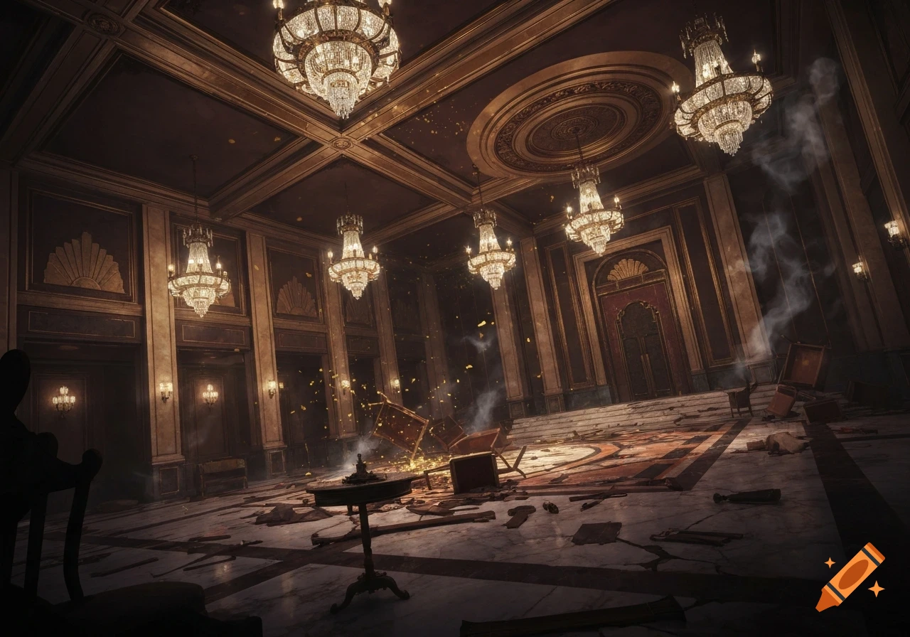 A grand, opulent ballroom in ruins, with ornate chandeliers, dark paneling, scattered debris, broken furniture, and rising smoke.