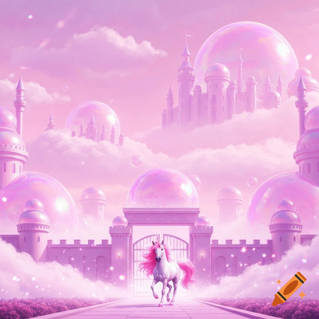 A white unicorn with a pink mane runs from a castle gate in a dreamy pink fantasy world with bubble-like castles and clouds.