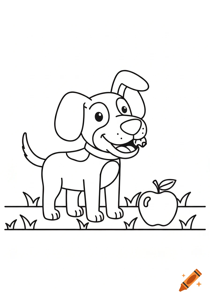 Black and white line art coloring page of a happy cartoon dog standing beside an apple in grass.