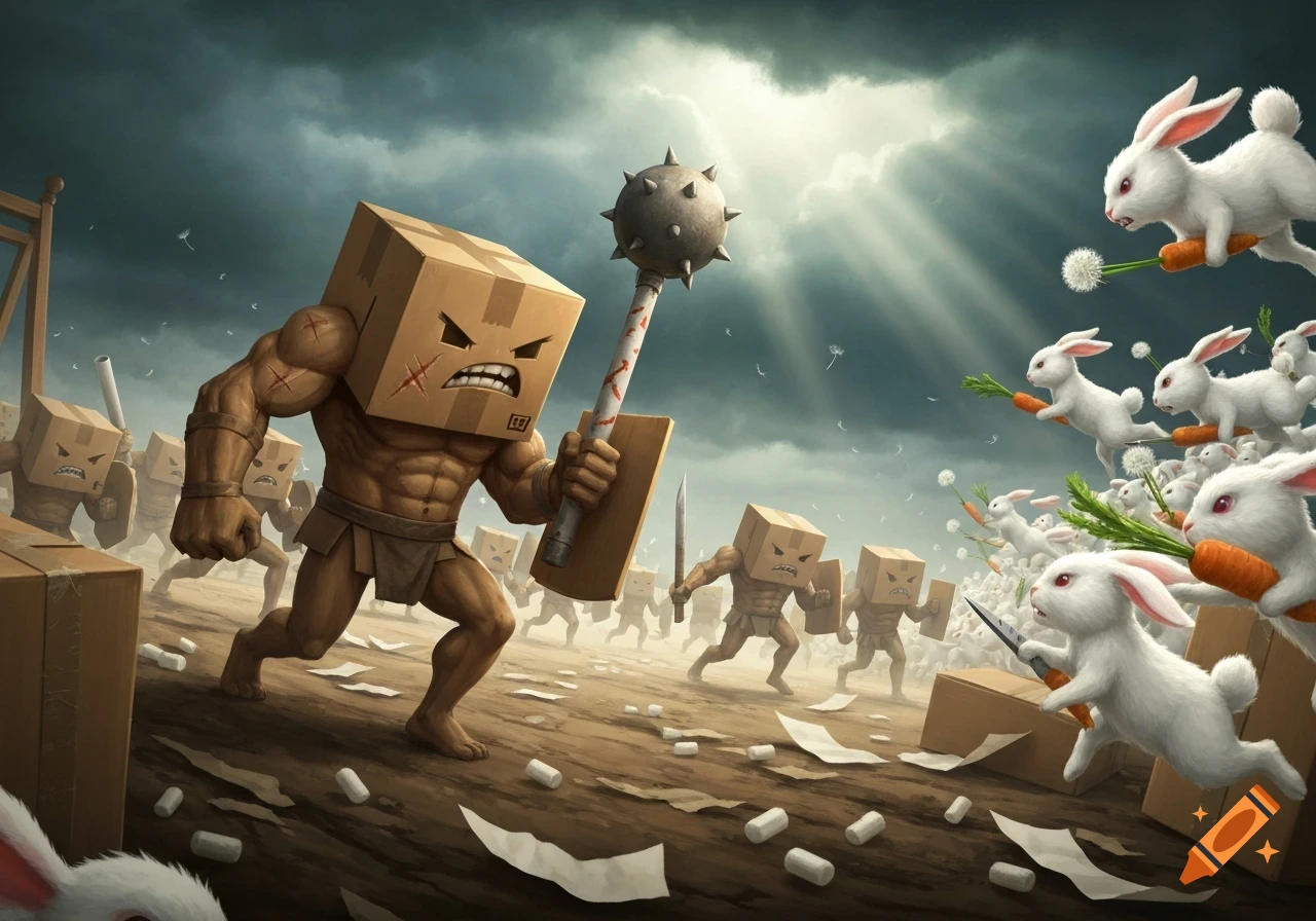 A muscular, box-headed warrior with a mace leads an army of box warriors against an army of flying white bunnies.