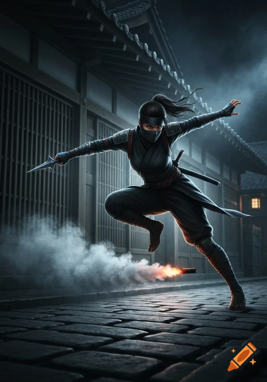 A realistic female ninja assassin leaps on a dark Edo street, wielding a kunai as a smoke bomb emits fire and smoke.
