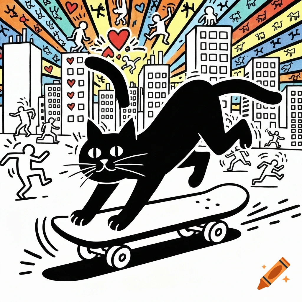 A black cat on a skateboard in a city filled with stick figures and hearts, in the bold Keith Haring style.