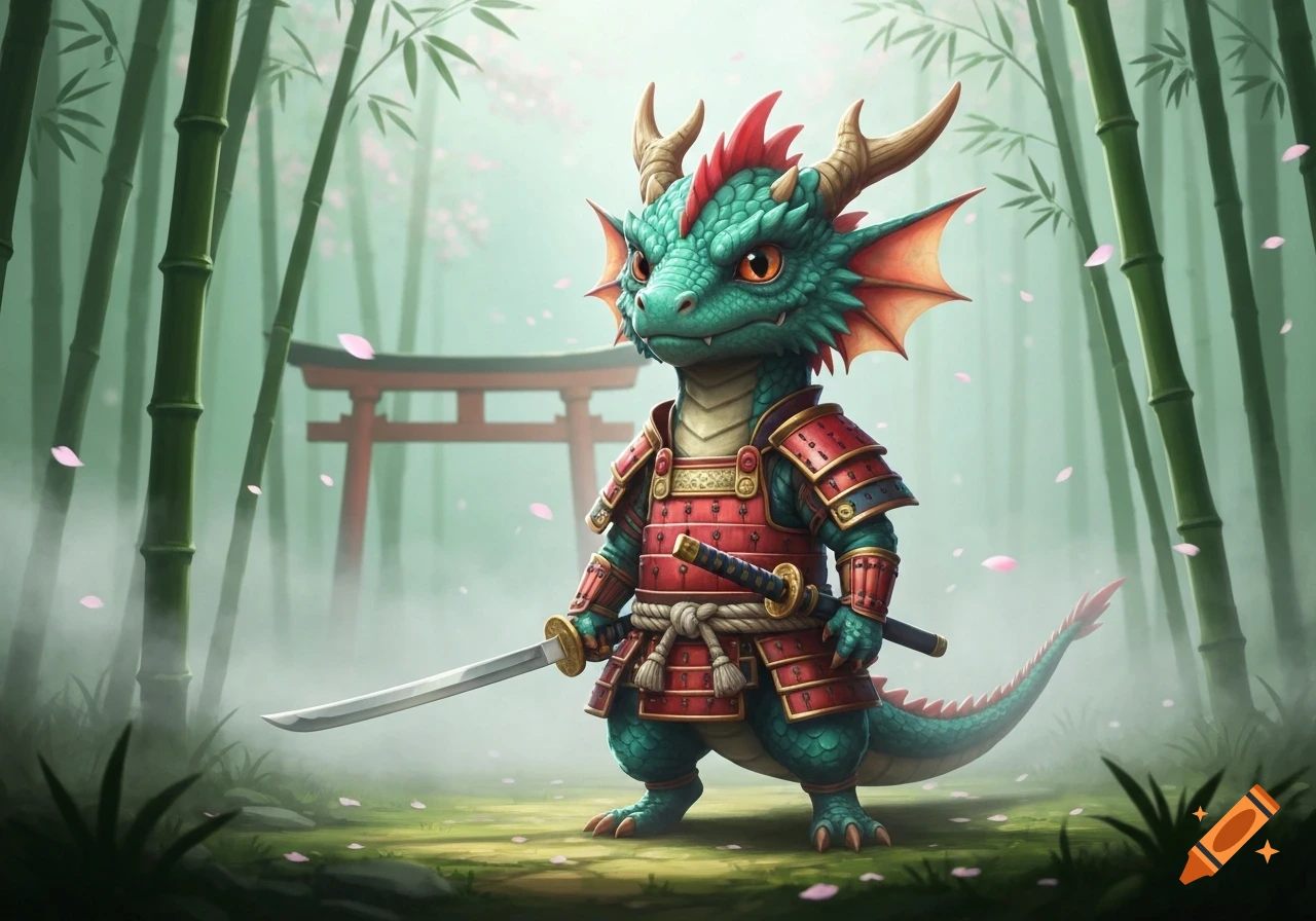 A cute green dragon in red samurai armor stands with a katana in a misty bamboo forest with a torii gate and pink cherry blossoms.
