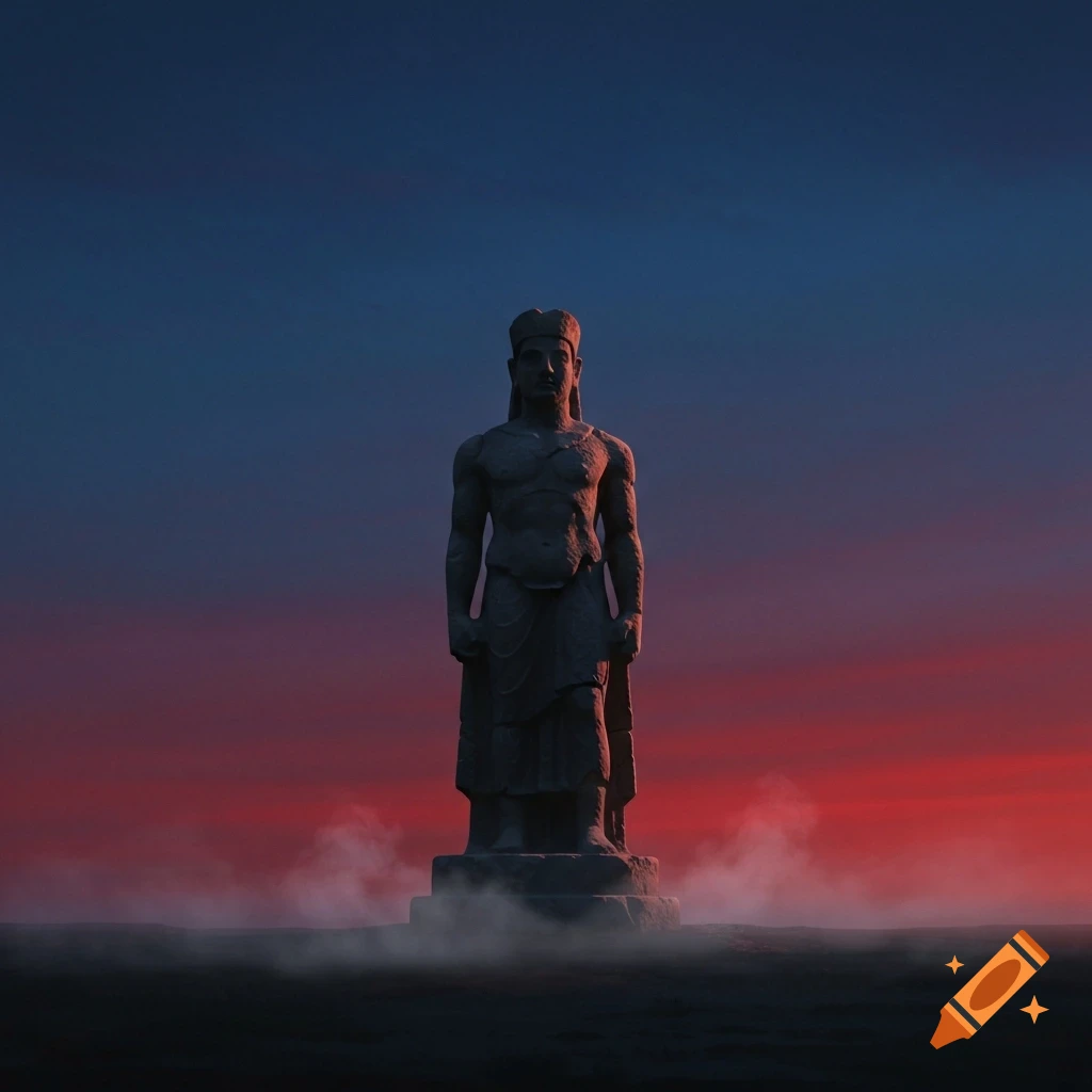 A towering stone statue of a bare-chested figure stands on a plinth amidst ground fog, silhouetted against a dramatic red and blue gradient sky.