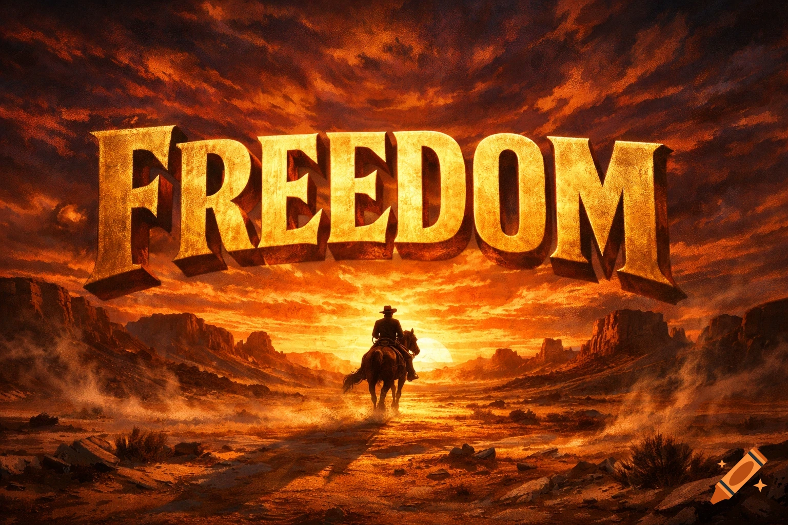 Bold golden text 'FREEDOM' looms over a lone cowboy riding a horse through a fiery desert landscape at sunset, cinematic style.