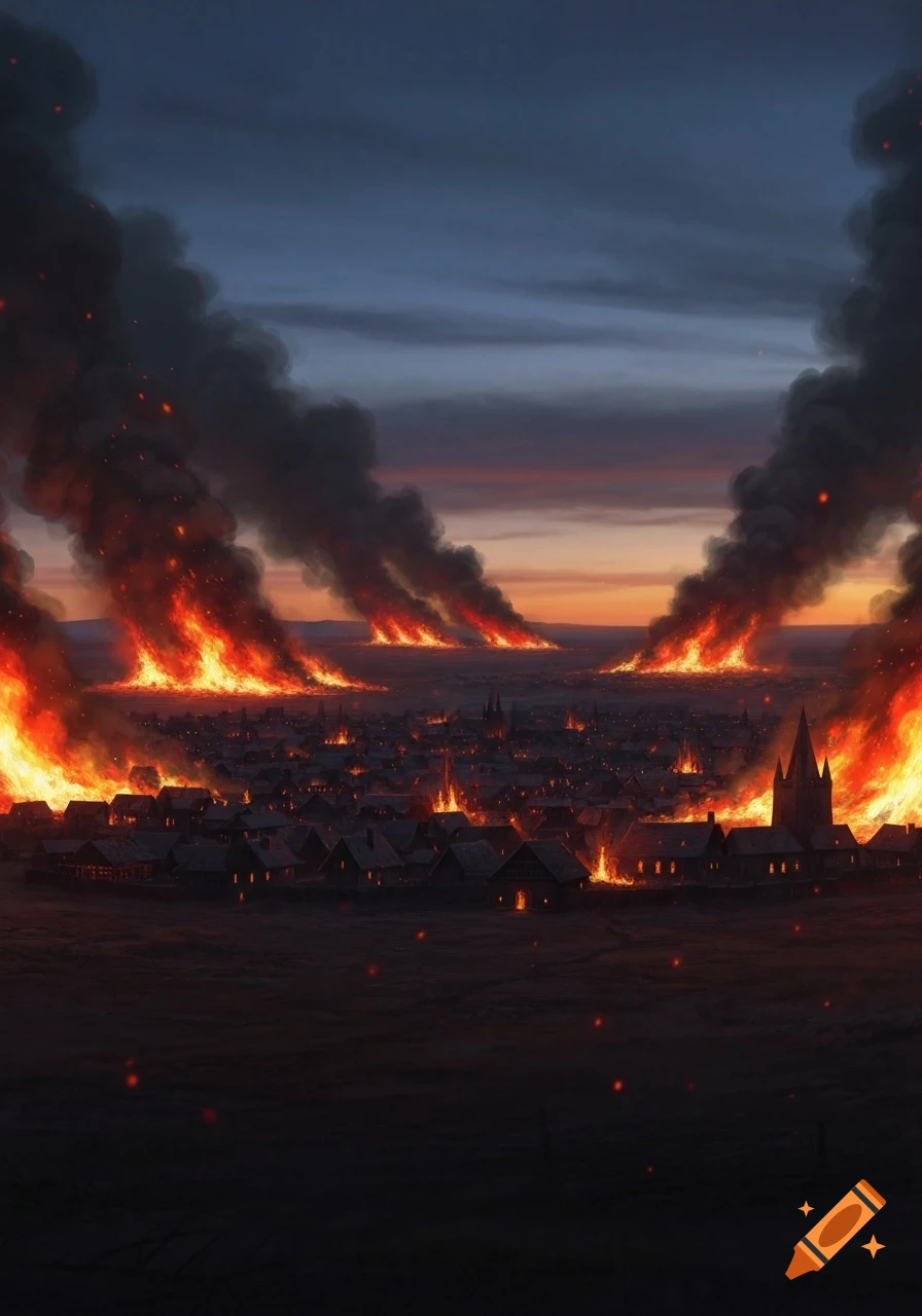 A wide shot of a medieval-style village engulfed in massive fires under a dark, smoke-filled sky at dusk.