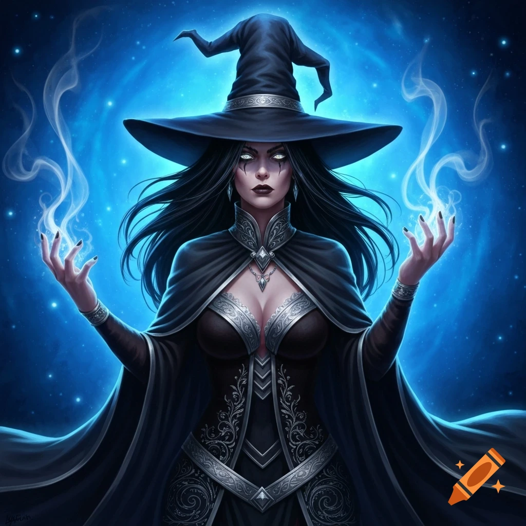 A powerful witch with black hair and white eyes, wearing a black hat and ornate costume, conjures blue magic from her hands against a starry blue background.