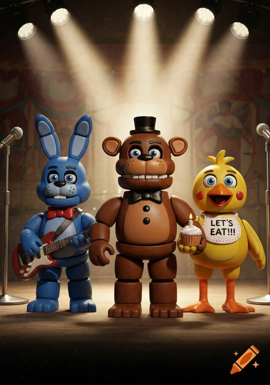 Three stylized animatronic figures, Toy Freddy, Toy Bonnie, and Toy Chica, stand on a stage under spotlights.