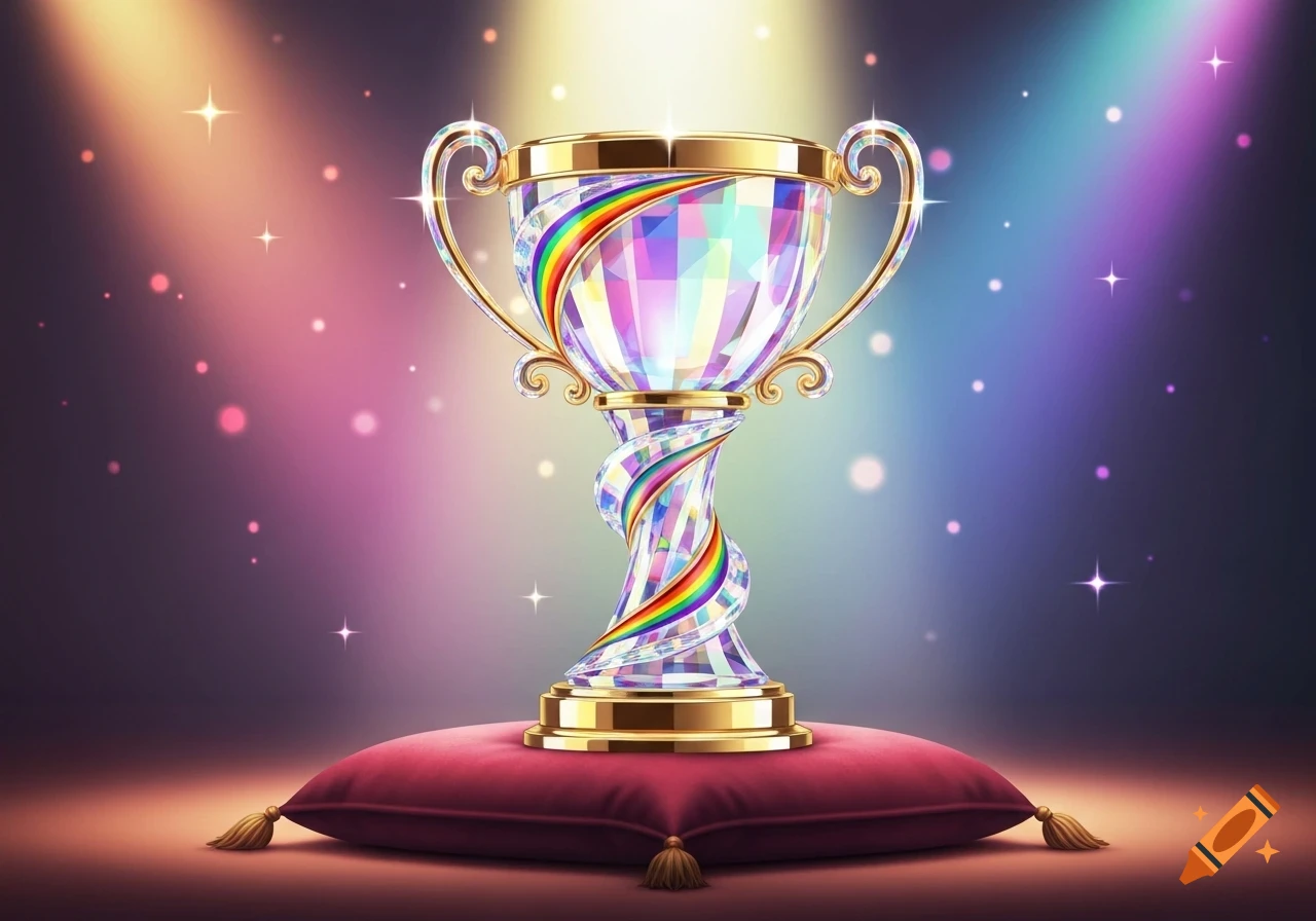 A sparkling, faceted crystal trophy with golden accents and rainbow stripes, sitting on a red velvet cushion amidst colorful, glowing lights.