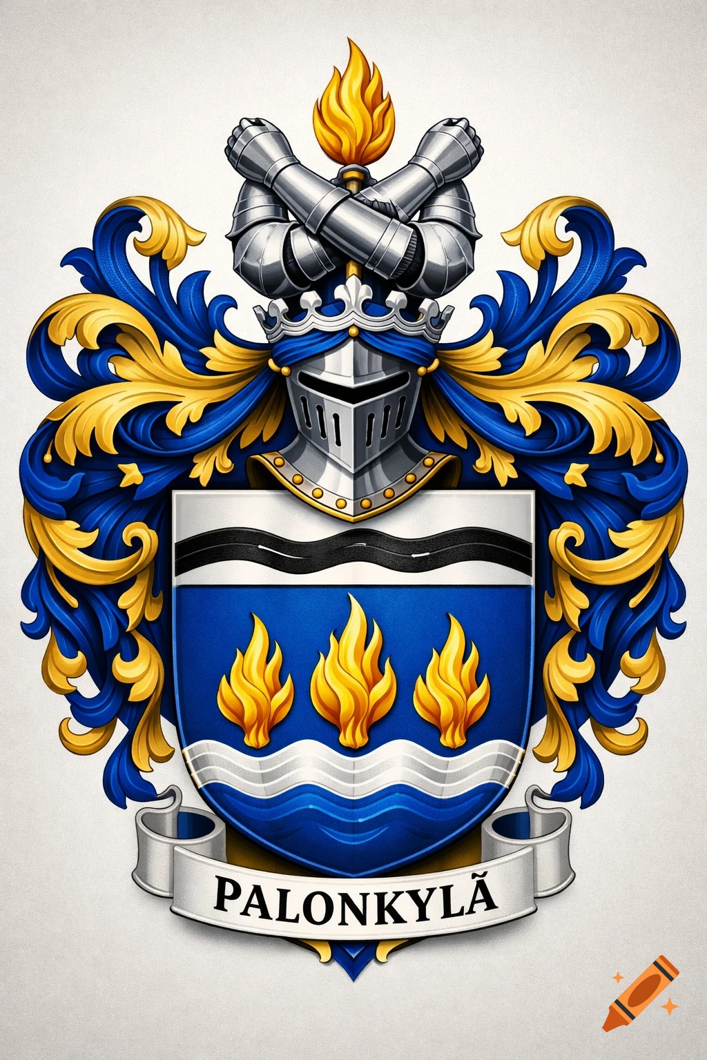 A detailed blue and gold coat of arms featuring a knight's helmet, crossed gauntleted arms, a shield with flames and waves, and a banner reading "PALONKYLÄ".