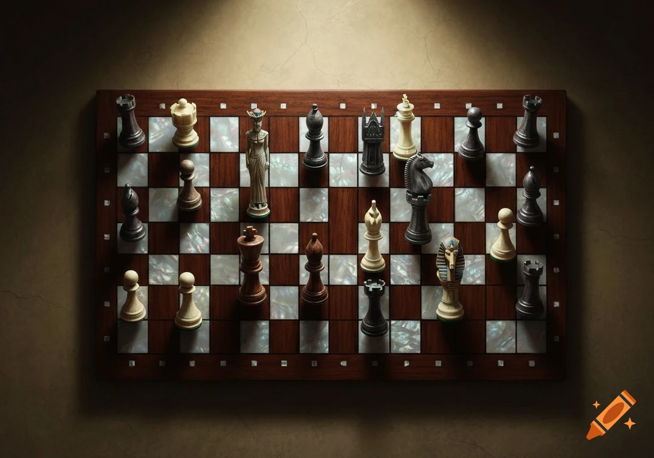 Top-down view of a dark wooden chessboard with mother-of-pearl squares and various unique chess pieces from different sets under dramatic lighting.
