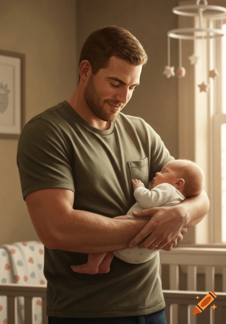 A man in a green shirt smiles down at a sleeping baby he holds in his arms, with a crib and mobile in the background.