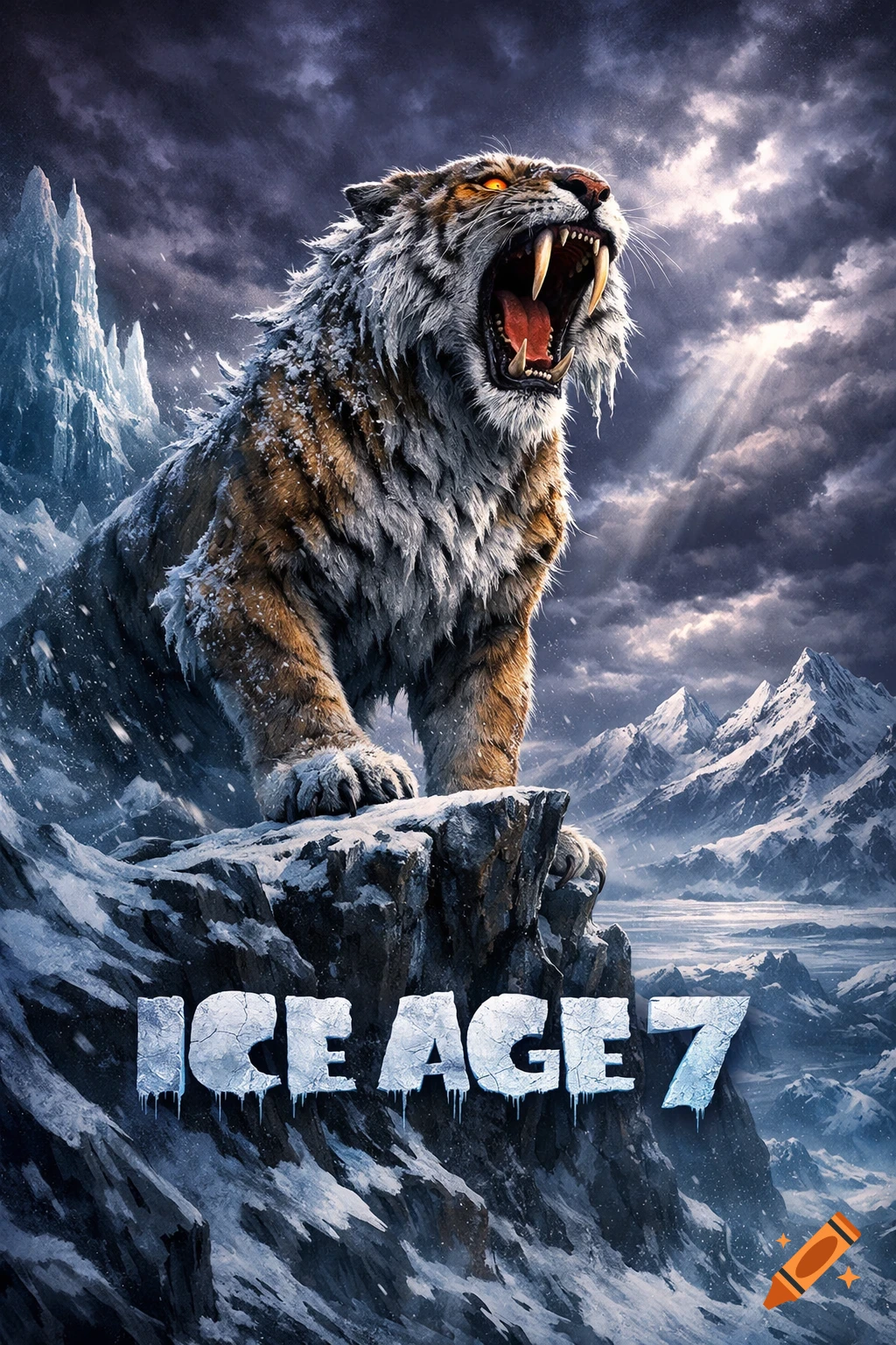 A fierce saber-toothed tiger roars atop a snowy peak under a dramatic sky, with 'ICE AGE 7' text, in a movie poster style.