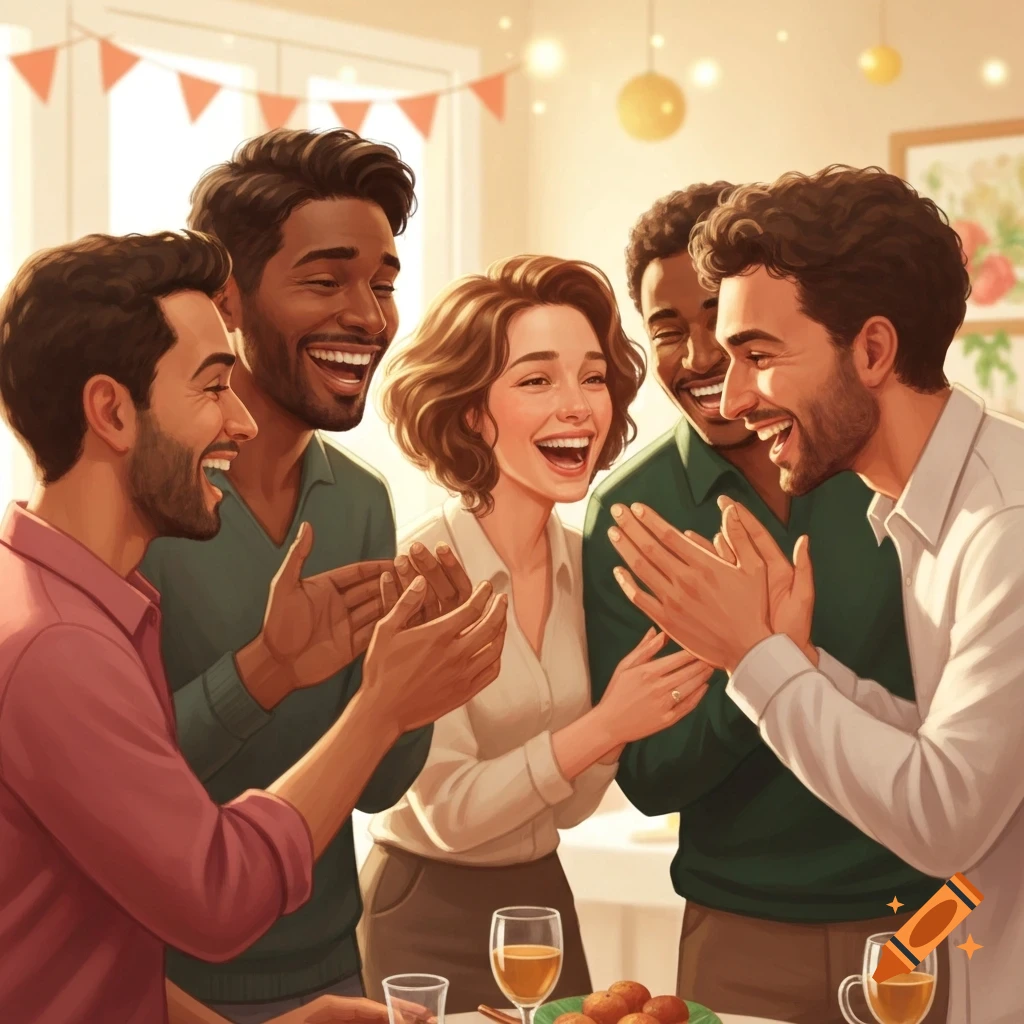 Five diverse people laughing and clapping at a cheerful indoor social gathering with drinks and snacks, in an illustrated style.