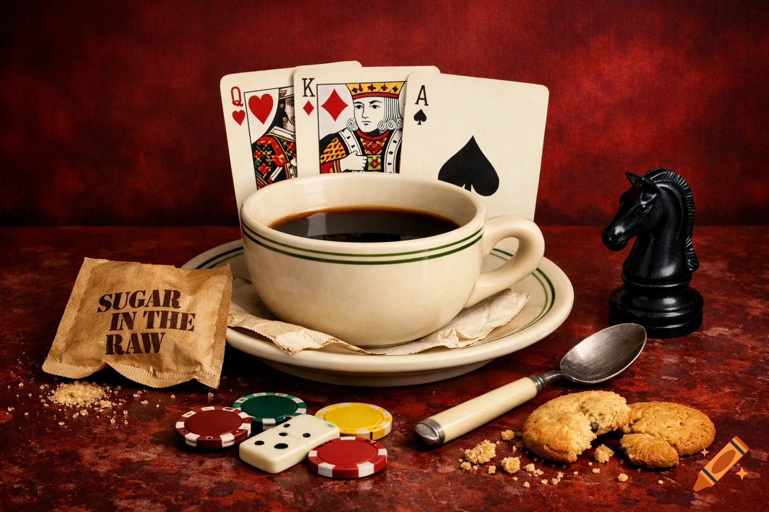 A still life with a coffee cup, playing cards, casino chips, dominoes, a chess knight, and cookies on a dark red surface.