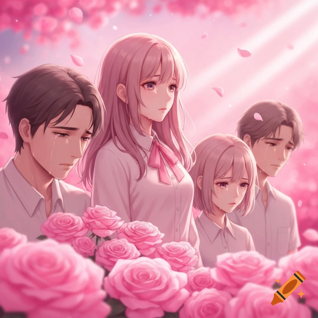 Anime characters, two men and two women, crying sadly amidst many pink roses in a soft pink, emotional memorial scene.