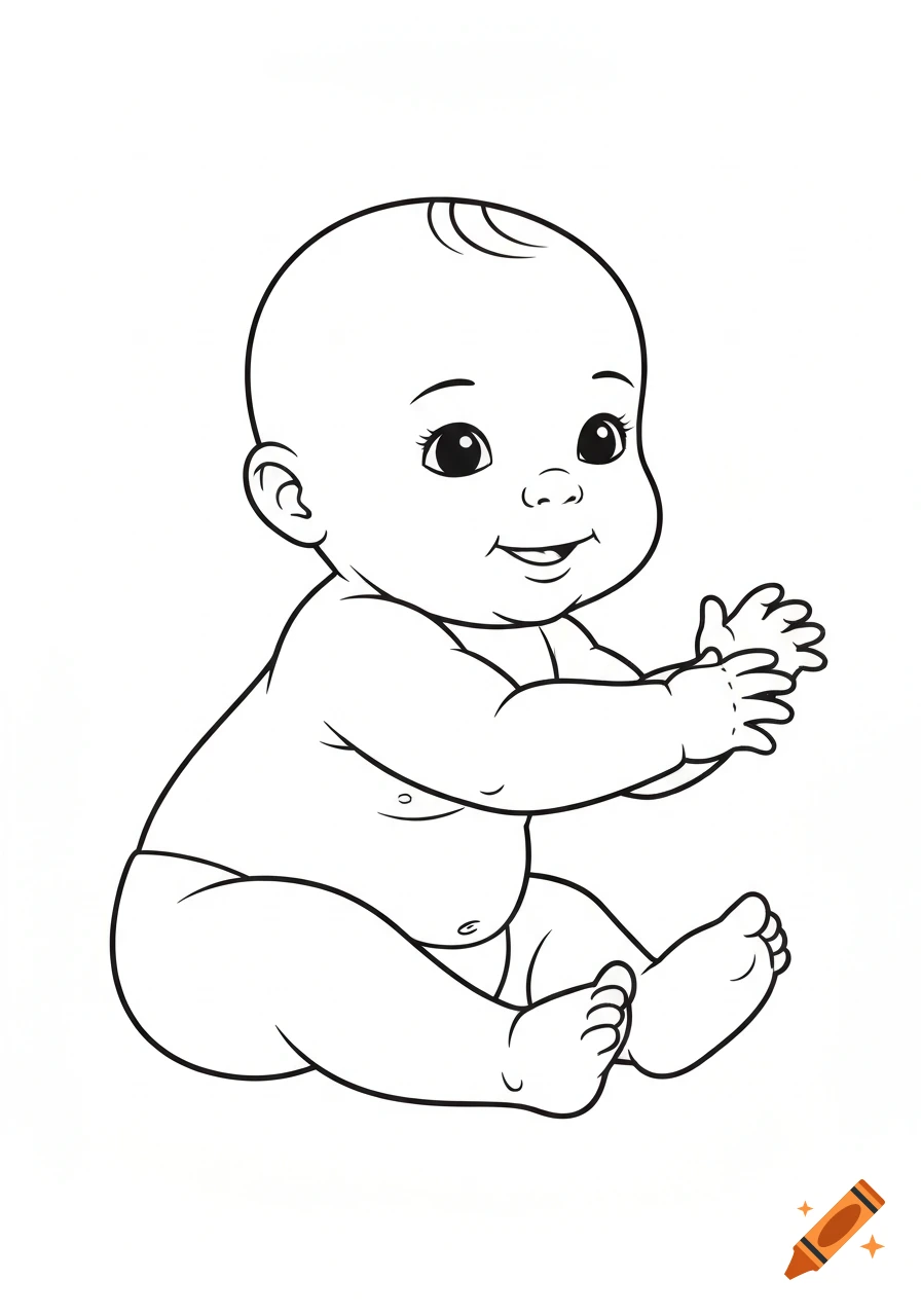 Outline drawing of a smiling baby sitting and clapping, ready for coloring.