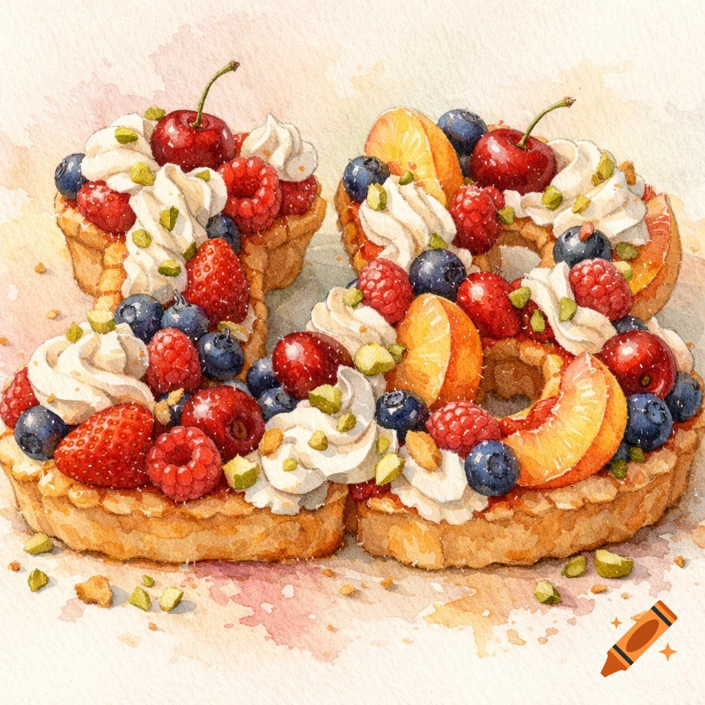 Watercolor painting of two fruit tarts shaped like initials, adorned with whipped cream, berries, cherries, peaches, and pistachios.