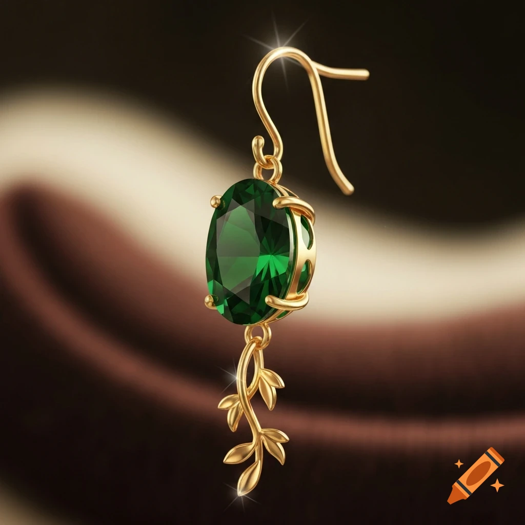Close-up of a gold dangle earring featuring an oval dark green gemstone and delicate golden leaf accents.