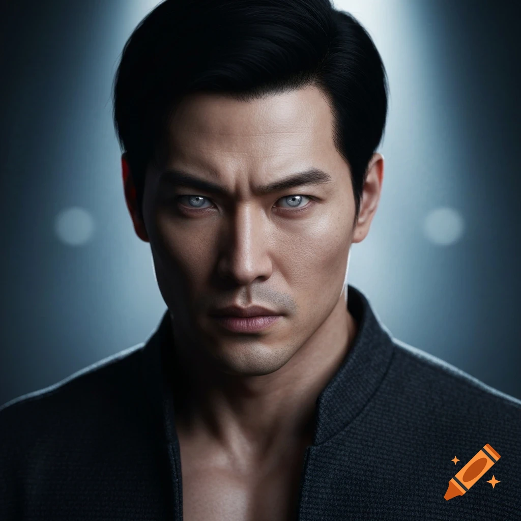 Photorealistic portrait of a man with dark hair, striking silver eyes, and a serious expression, wearing a dark jacket.