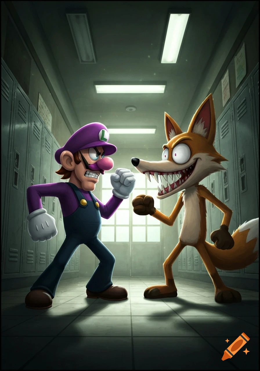 Waluigi and a menacing cartoon fox with sharp teeth confront each other in a school hallway with lockers.