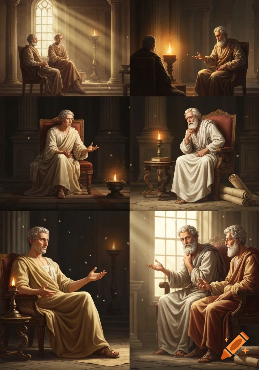 Six photorealistic scenes of ancient philosophers in robes conversing in a columned room, lit by sunlight and candles.