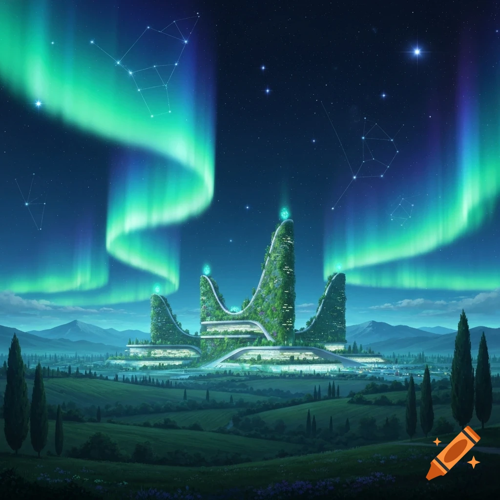 Futuristic city with green buildings under a vibrant green aurora borealis in a night landscape.