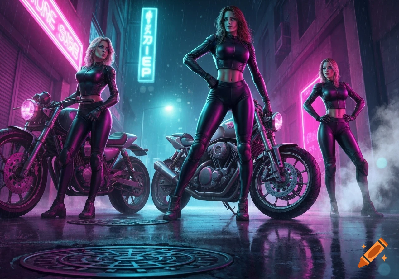 Three women in black leather biker suits pose with motorcycles on a wet, neon-lit cyberpunk street.