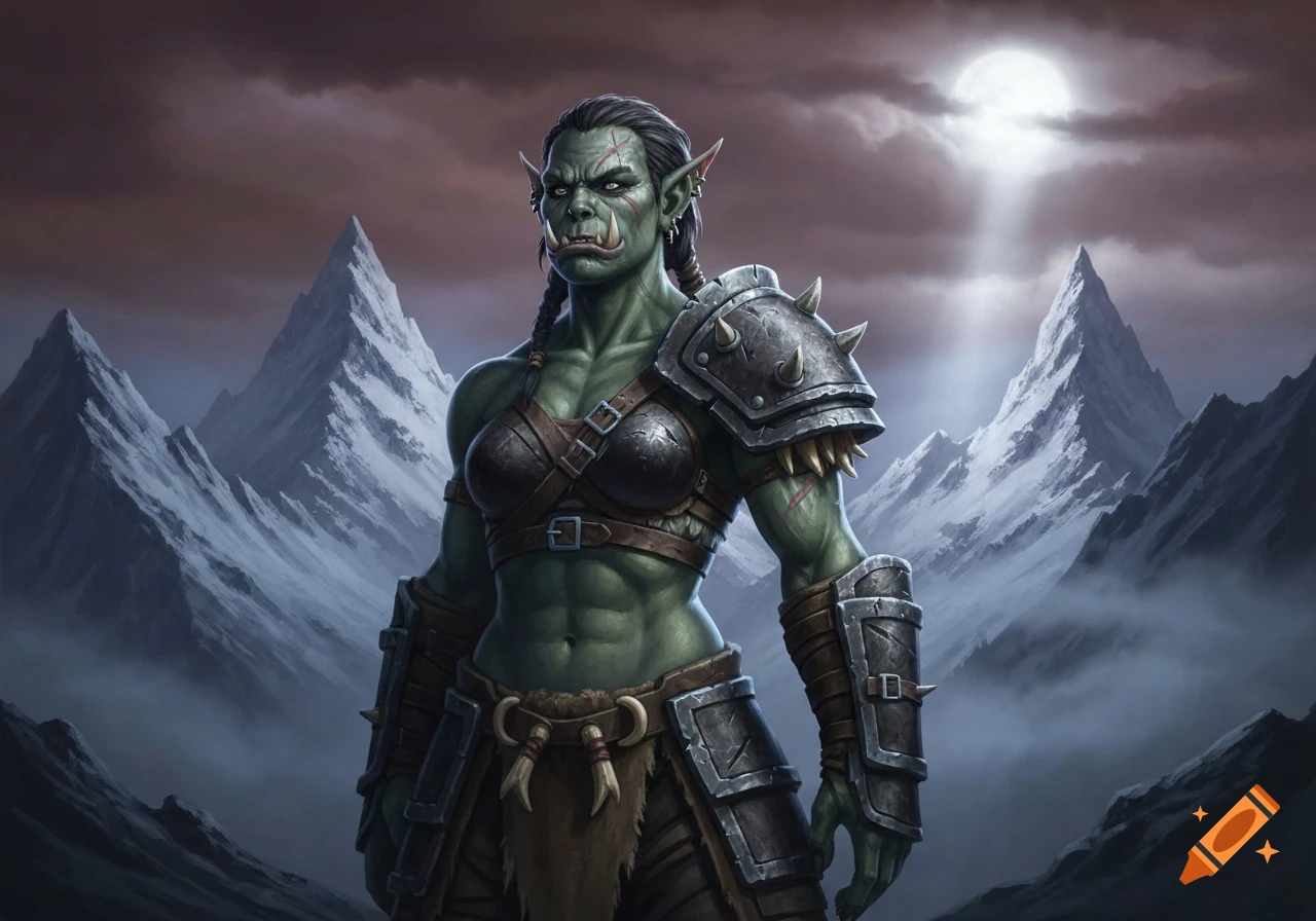 A powerful female orc warrior stands in a mountainous landscape under a full moon, wearing detailed leather and metal armor.