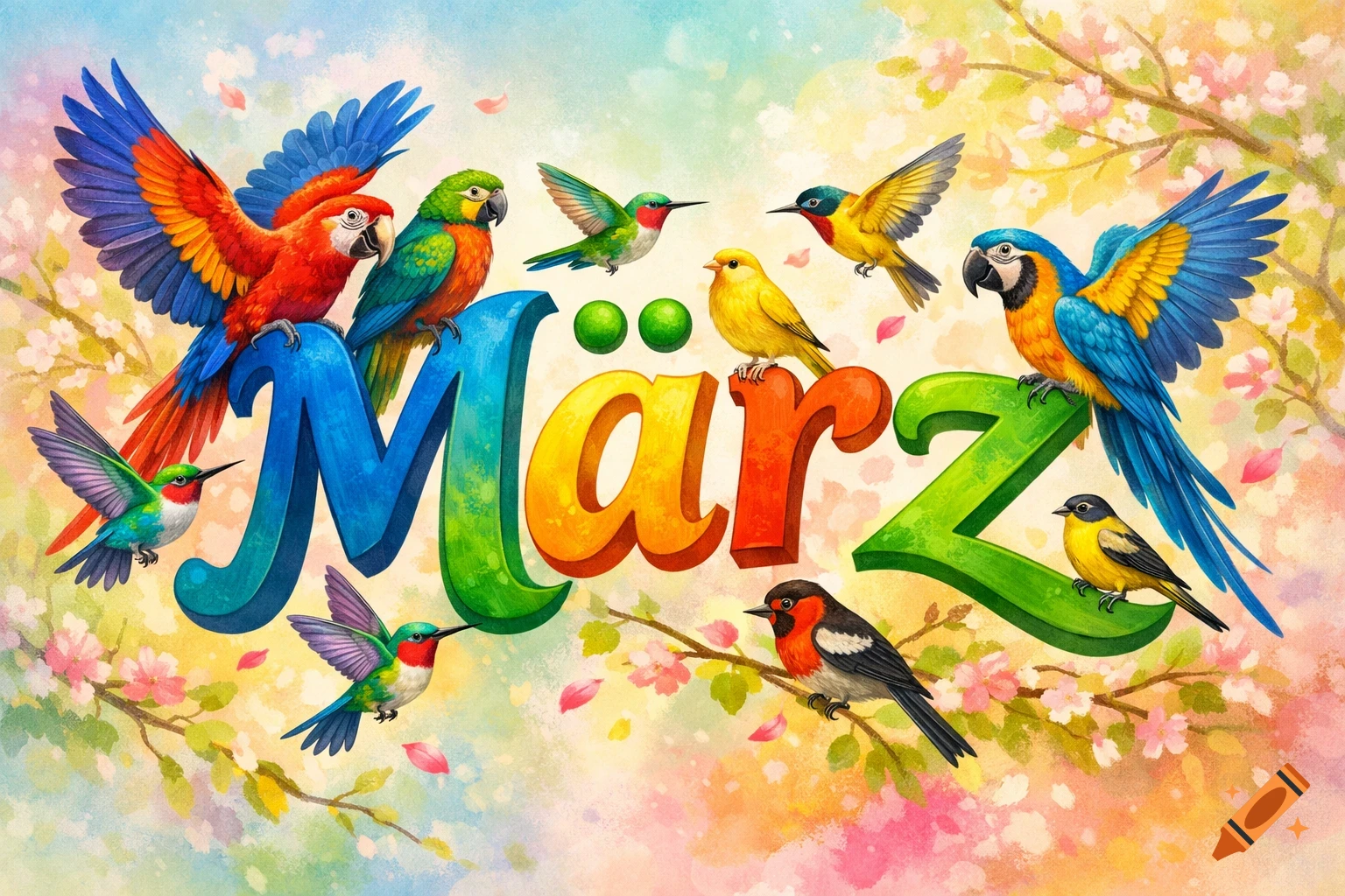 Colorful cartoon birds around rainbow 'März' text on a soft watercolor spring background with blossoms.