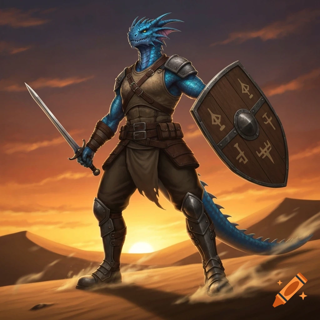 A blue dragonborn adventurer in armor stands in a desert at sunset, wielding a rapier and a shield with runes.