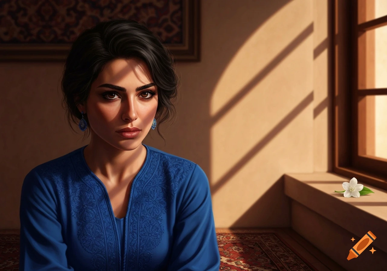 Photorealistic portrait of a woman with dark hair, blue embroidered dress, and blue earrings, in a sunlit room with a decorative rug.