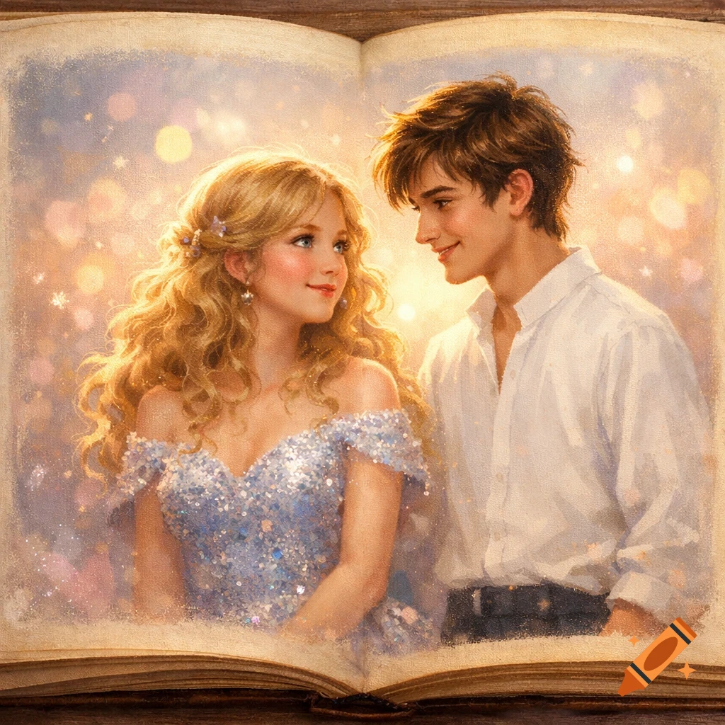 Dreamy illustration on an open book page: a blonde woman in a blue sequin dress and a brown-haired man gaze at each other.