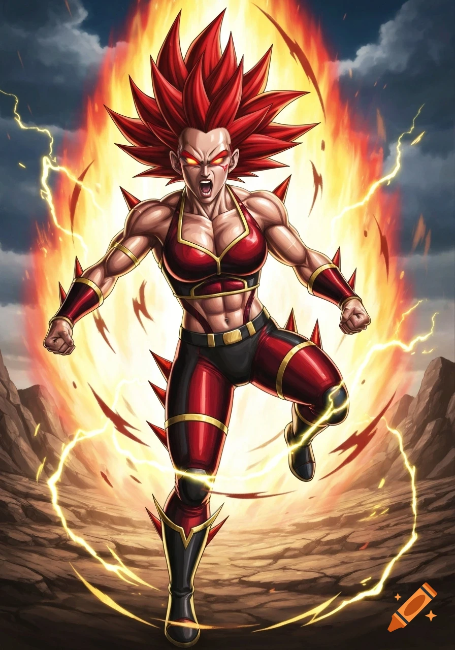 A powerful, muscular female character with red spiky hair, engulfed in a fiery, electrifying aura in a Dragon Ball Z anime style.