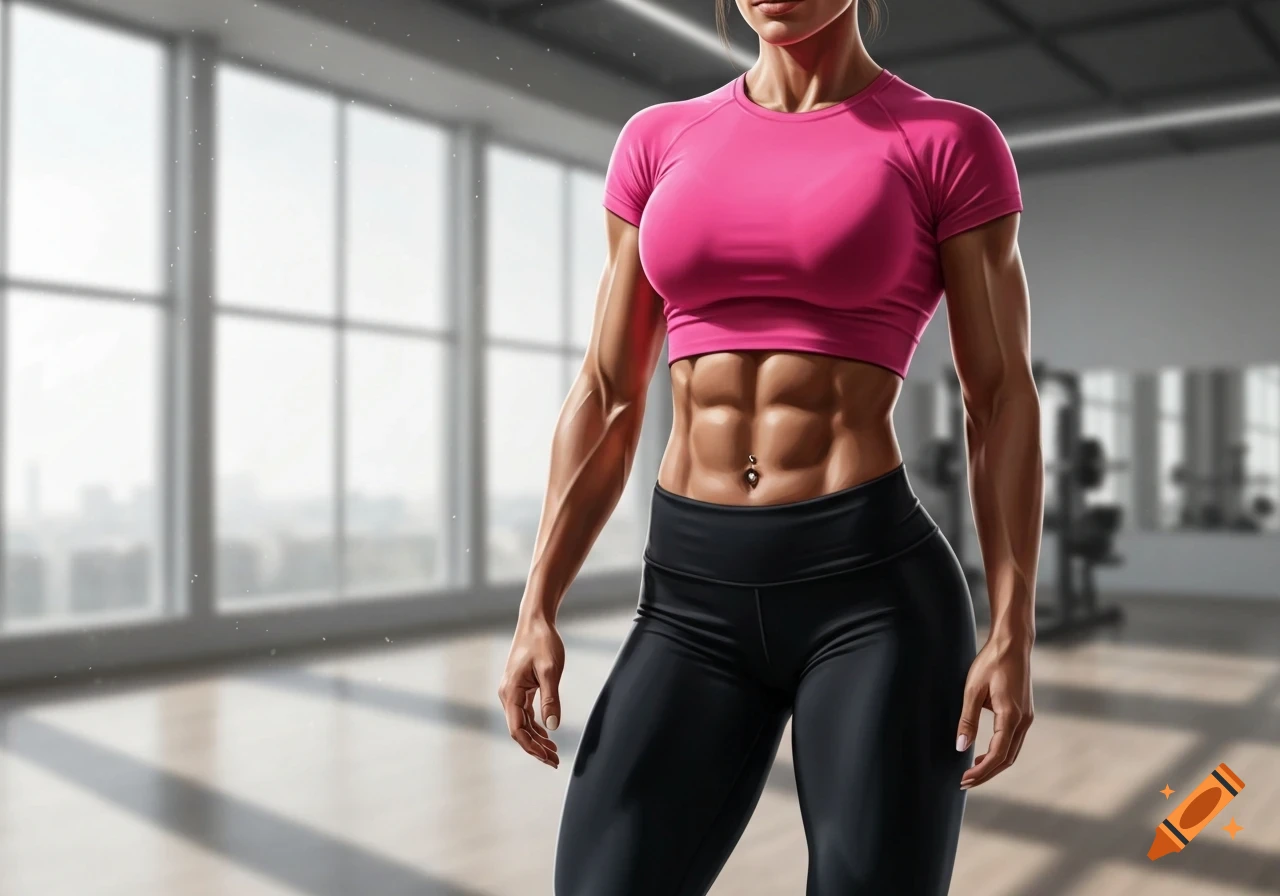 A fit woman with a six-pack and strong arms, wearing a pink cropped top and black yoga pants, stands in a gym.