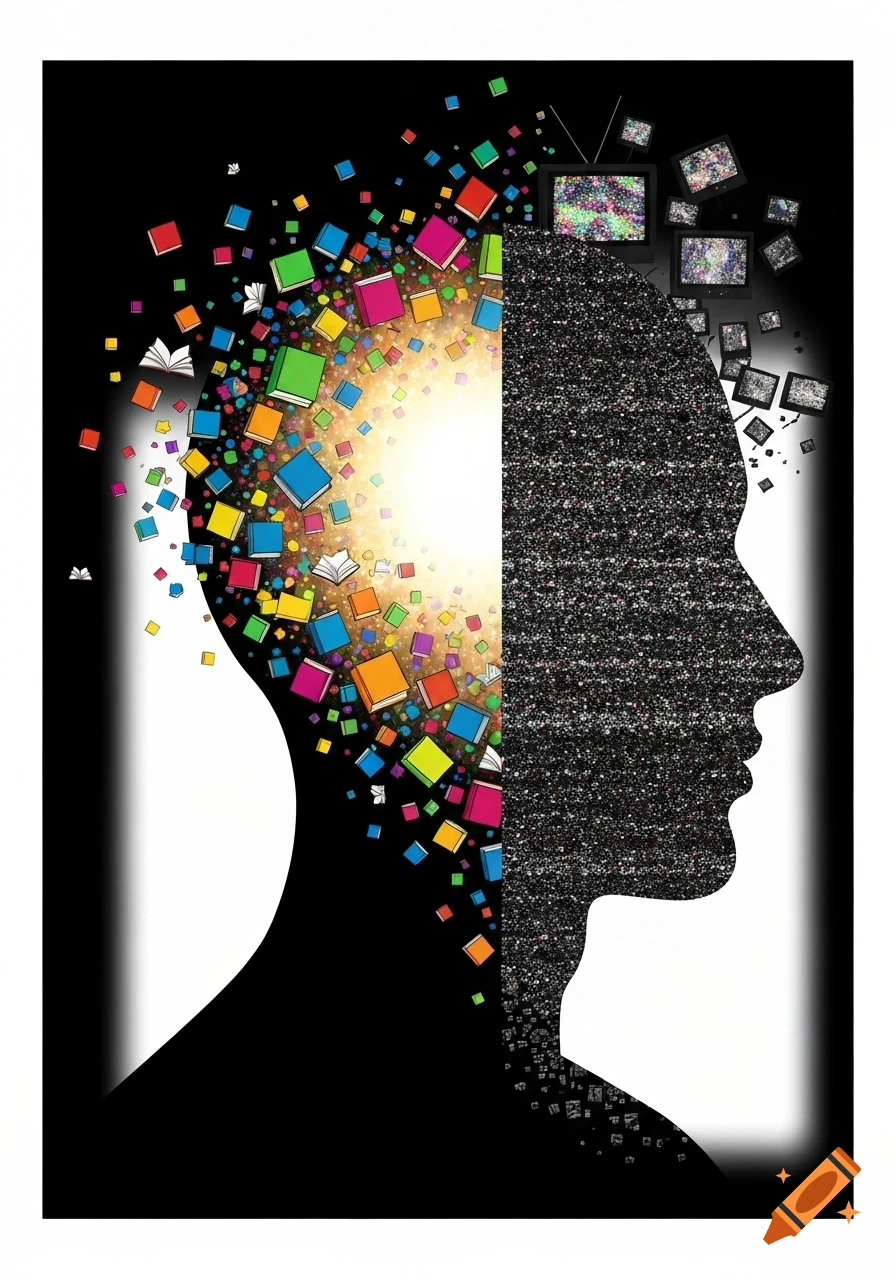 A graphic design shows a human head silhouette split, one side a burst of colorful books and light, the other dark TV static and screens.