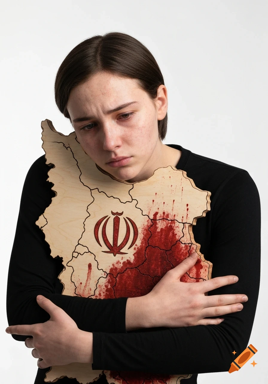 Photorealistic portrait of a young person with a sad, emotional expression, hugging a bloodstained wooden map of Iran against a white background.