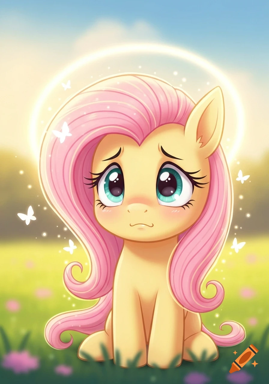 Cute, chibi-style Fluttershy from My Little Pony with pink hair and anxious expression, sitting in a field with butterflies and a glowing halo.