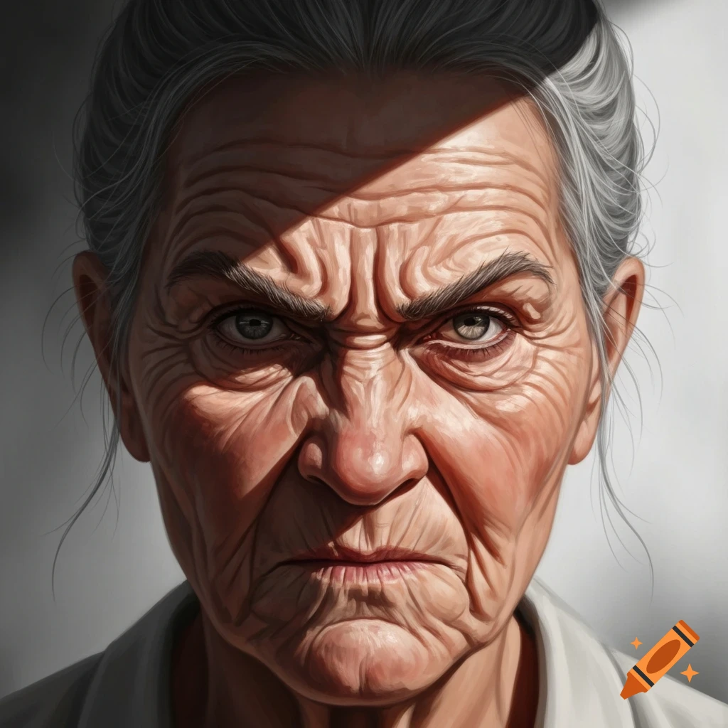 Close-up, realistic portrait of an elderly woman with deep wrinkles and a fierce scowl, intense eyes, dramatic lighting.